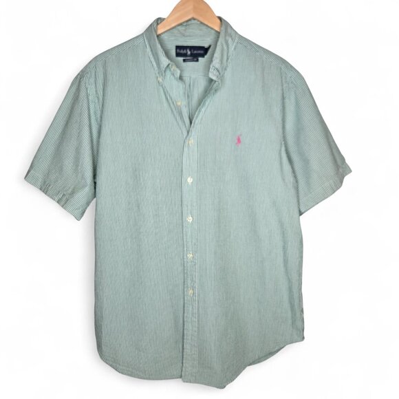 Polo Ralph Lauren Green Stripe Seersucker Shirt Men's Button Down Pink Pony L - Picture 1 of 6